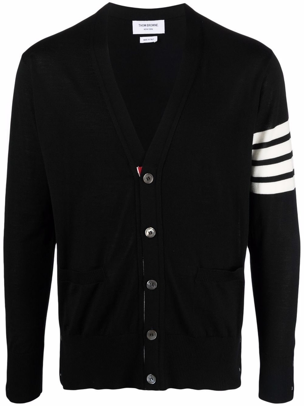 톰브라운(THOM BROWNE) 사선 완장 브이넥 울 가디건